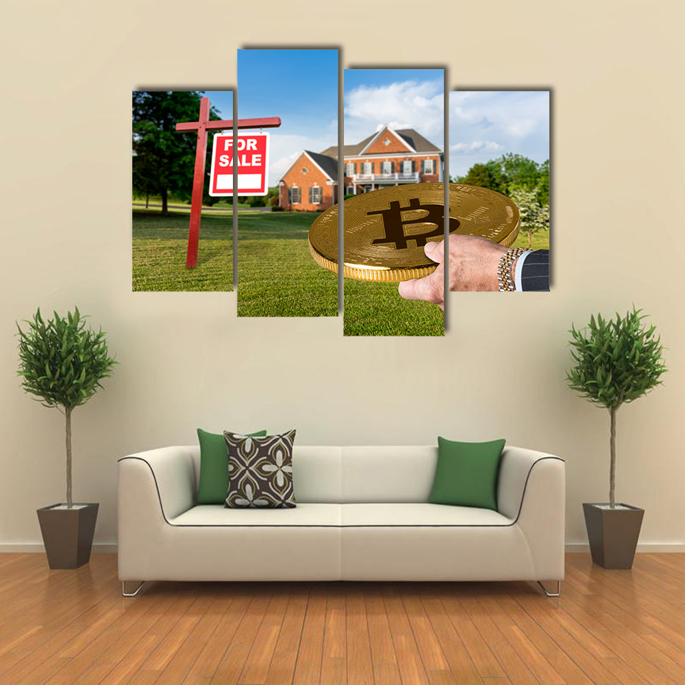 Businessman purchase large single family home through bitcoin Multi panel canvas wall art