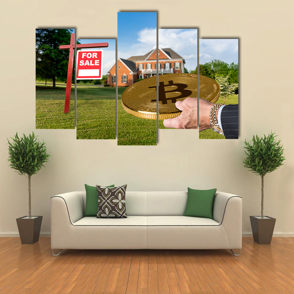 Businessman purchase large single family home through bitcoin Multi panel canvas wall art