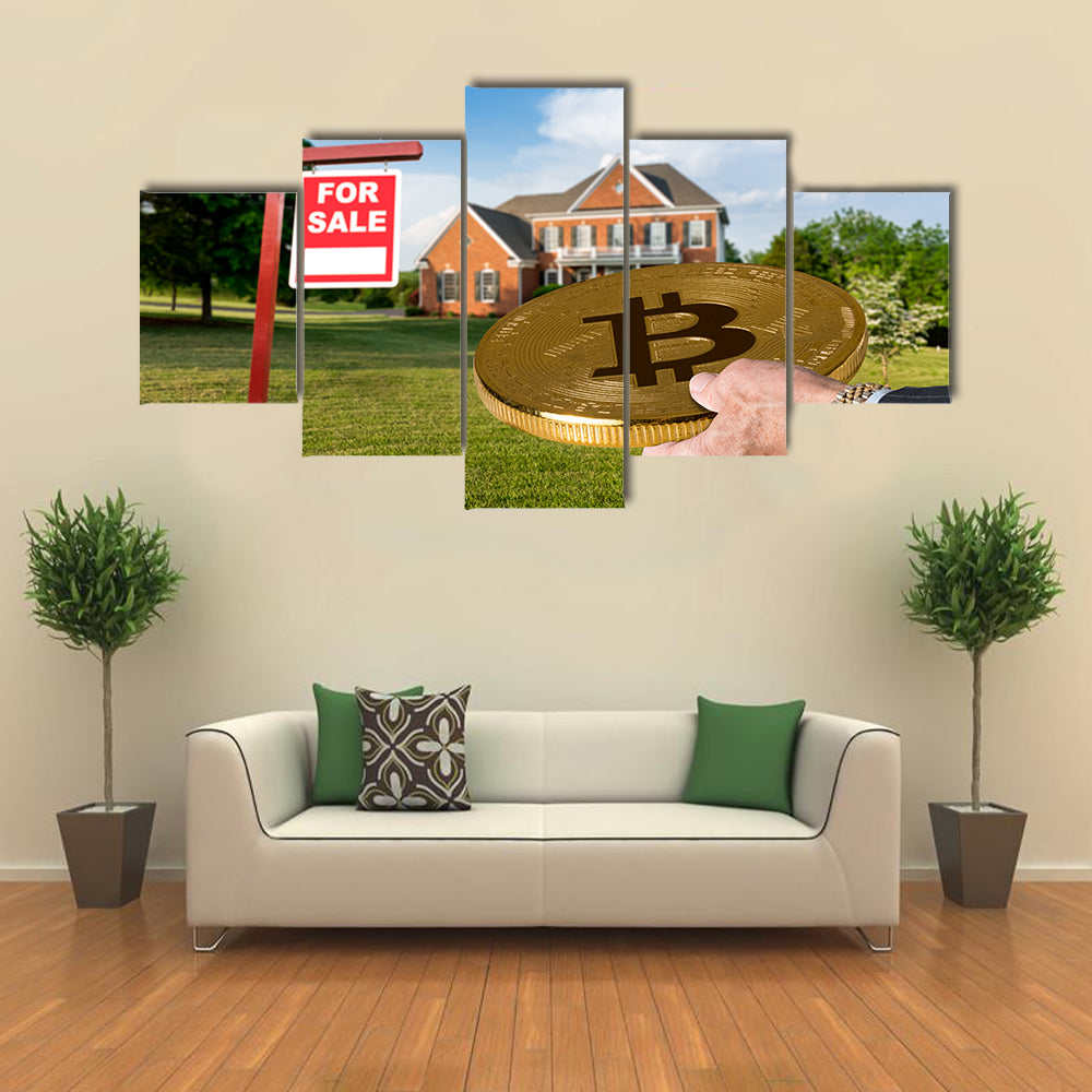 Businessman purchase large single family home through bitcoin Multi panel canvas wall art