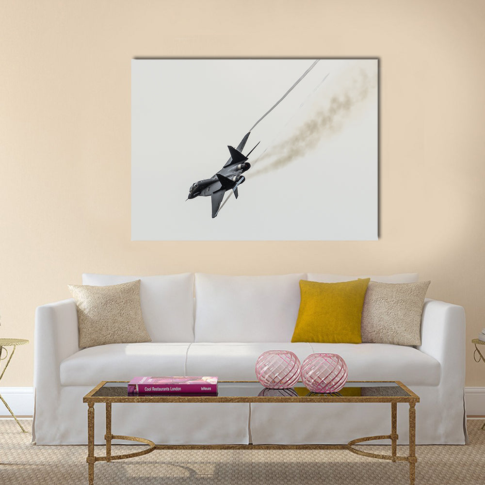 Aircraft fighter flies sharply turns with smoke from engines multi panel canvas wall art