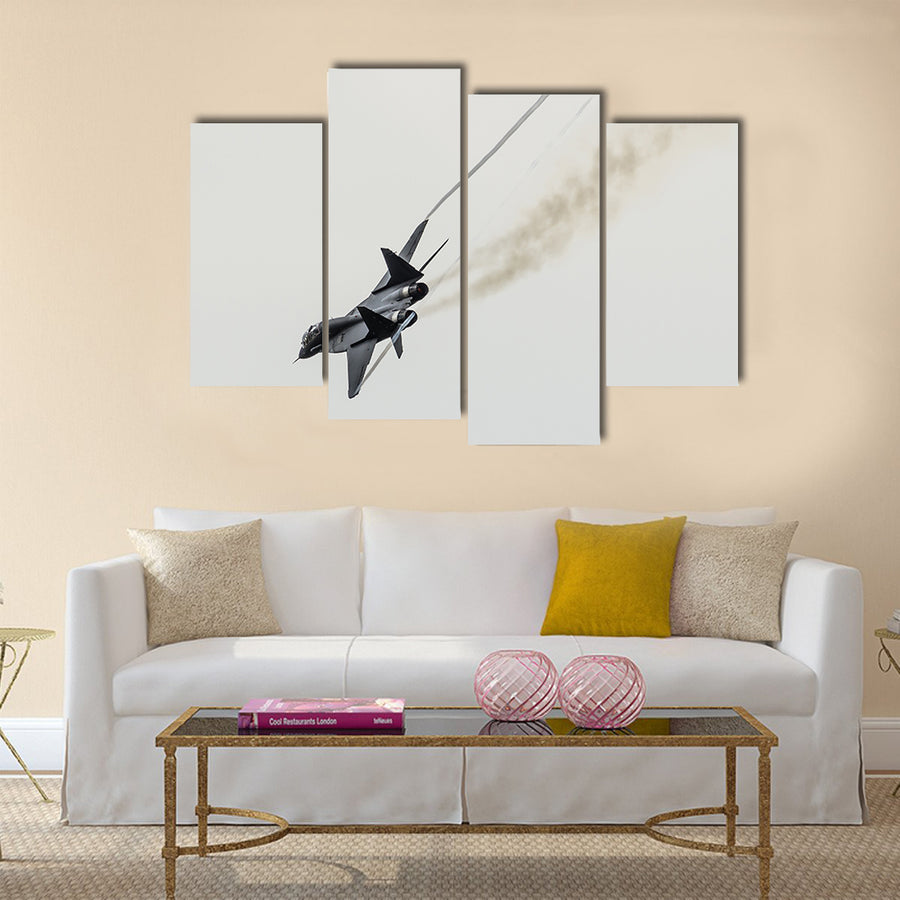 Aircraft fighter flies sharply turns with smoke from engines multi panel canvas wall art