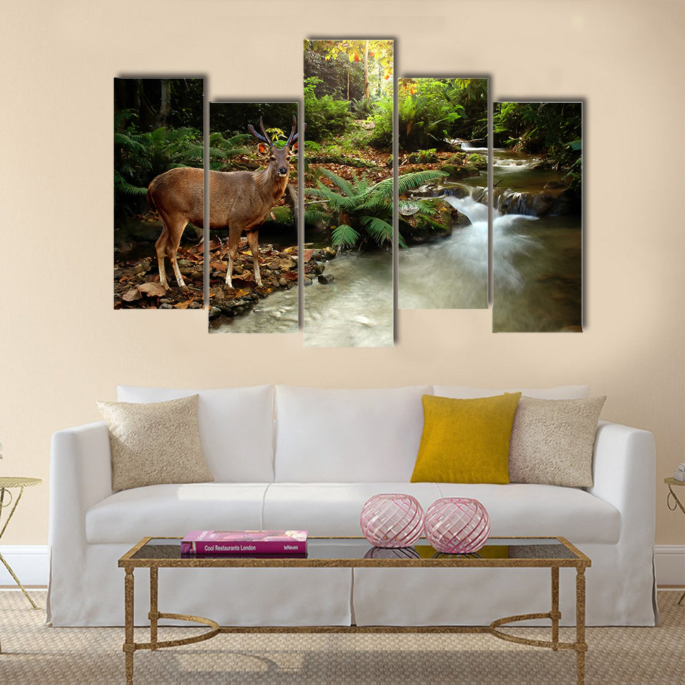Tropical stream with sambar Multi Panel Canvas Wall Art
