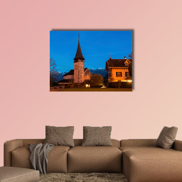 Church in Spiez at night, Spiez, Bern, Switzerland multi panel canvas wall art