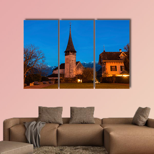 Church in Spiez at night, Spiez, Bern, Switzerland multi panel canvas wall art