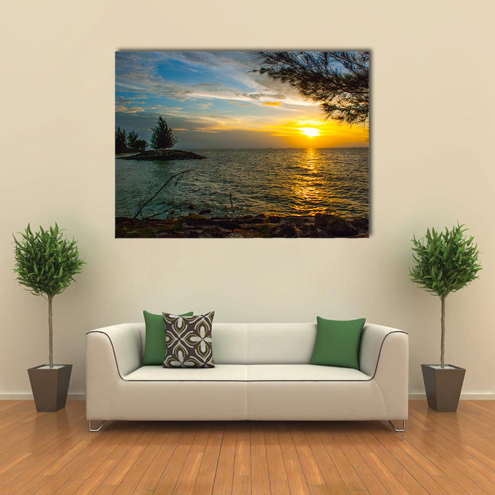 Beautiful Landscape view of the water, sky and clouds during sunset in city Bintulu multi panel canvas wall art