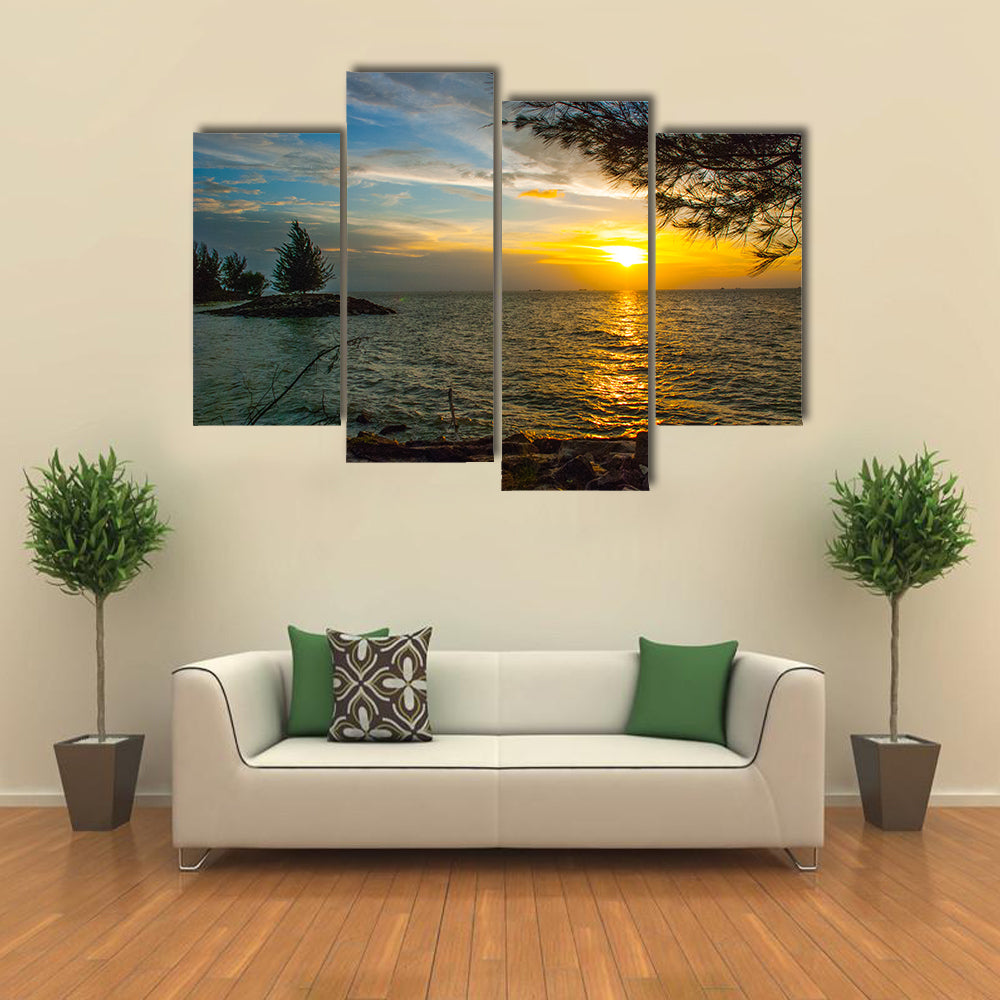 Beautiful Landscape view of the water, sky and clouds during sunset in city Bintulu multi panel canvas wall art
