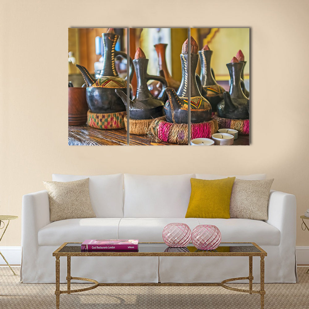 African cafe with many traditional for the coffee ceremony multi panel canvas wall art