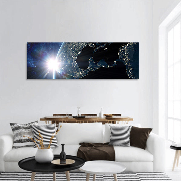 Earth with city lights glowing on the dark side North America, panoramic canvas wall art