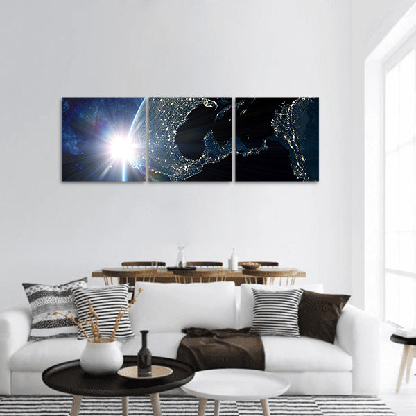 Earth with city lights glowing on the dark side North America, panoramic canvas wall art