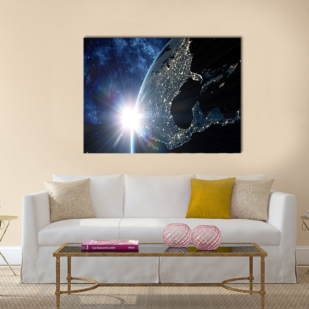View on the night Earth with city lights glowing on the dark side Multi Panel Canvas Wall Art