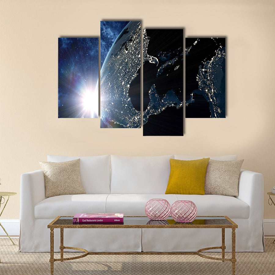 View on the night Earth with city lights glowing on the dark side Multi Panel Canvas Wall Art