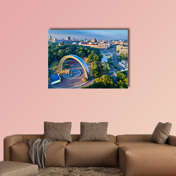 Aerial view of Kiev with Friendship of Nations Arch and European wall art