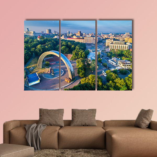 Aerial view of Kiev with Friendship of Nations Arch and European wall art