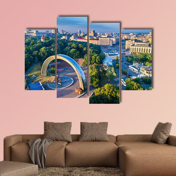 Aerial view of Kiev with Friendship of Nations Arch and European wall art
