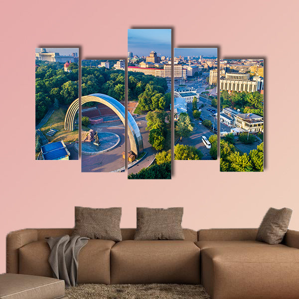 Aerial view of Kiev with Friendship of Nations Arch and European wall art