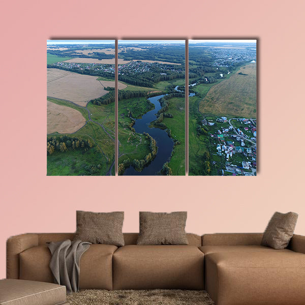 Photos from a height, drone flight over the river multi panel canvas wall art