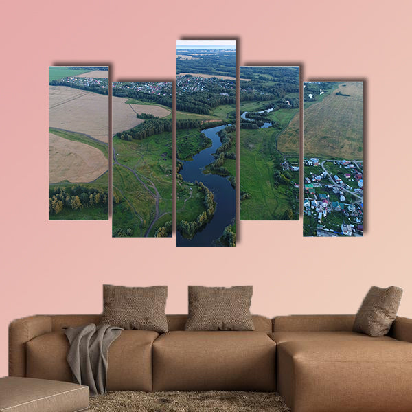 Photos from a height, drone flight over the river multi panel canvas wall art