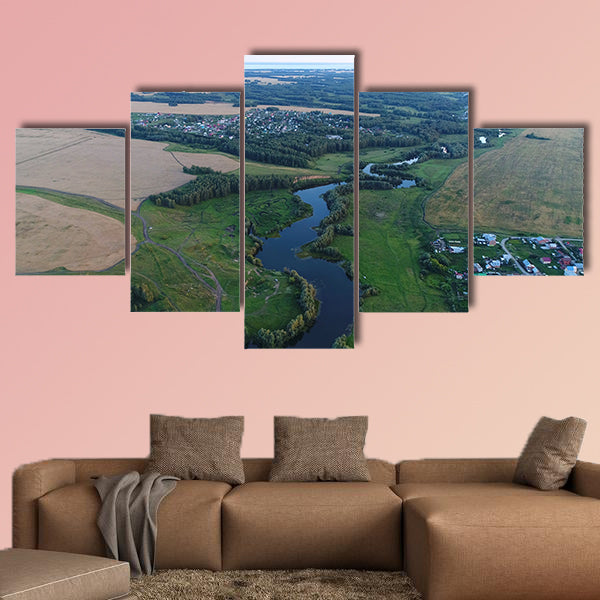Photos from a height, drone flight over the river multi panel canvas wall art