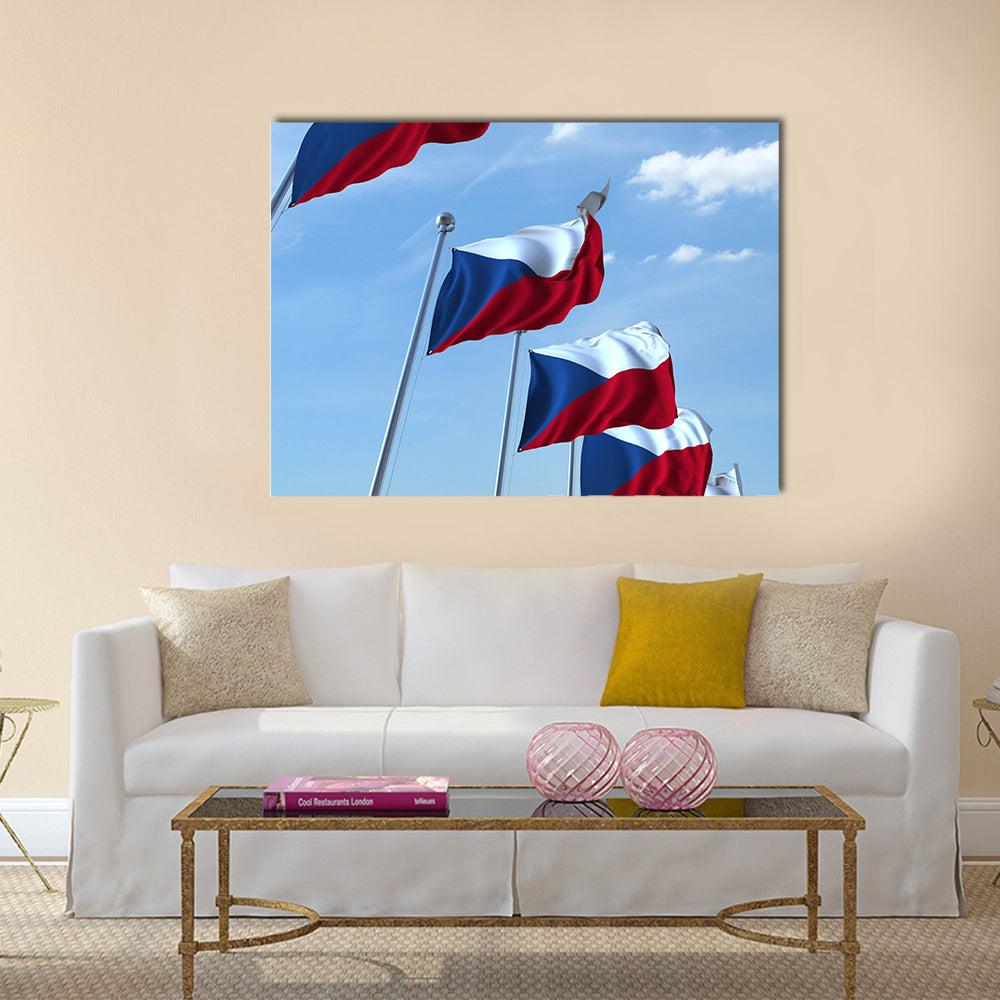 Row Of Waving Flags Of The Czech Republic Under The Blue Sky Multi Panel Canvas Wall Art
