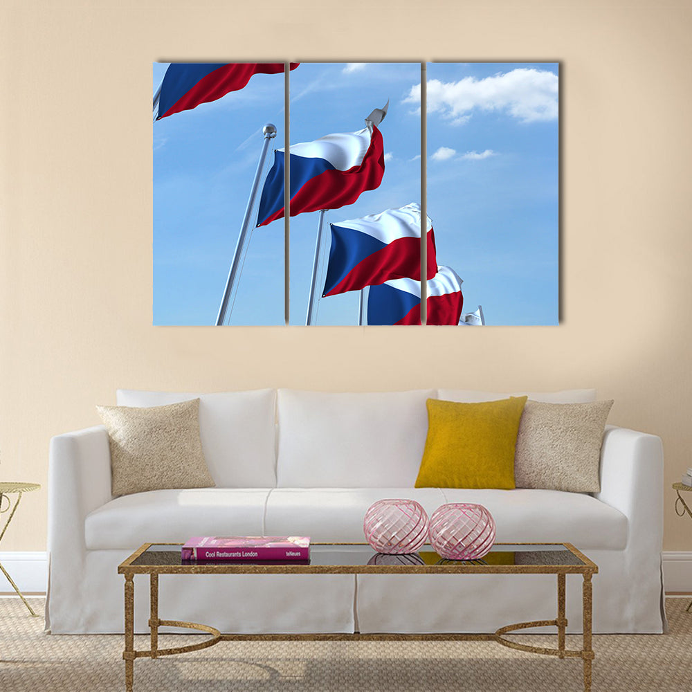 Row Of Waving Flags Of The Czech Republic Under The Blue Sky Multi Panel Canvas Wall Art