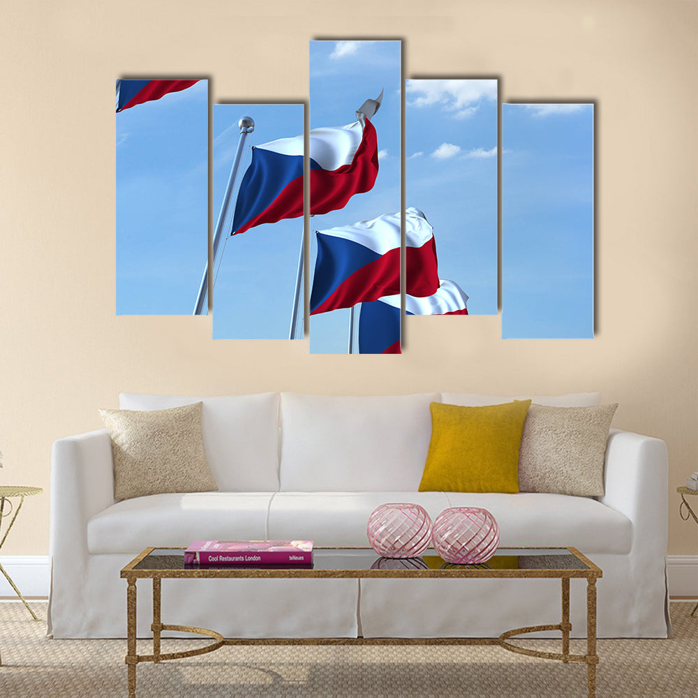 Row Of Waving Flags Of The Czech Republic Under The Blue Sky Multi Panel Canvas Wall Art