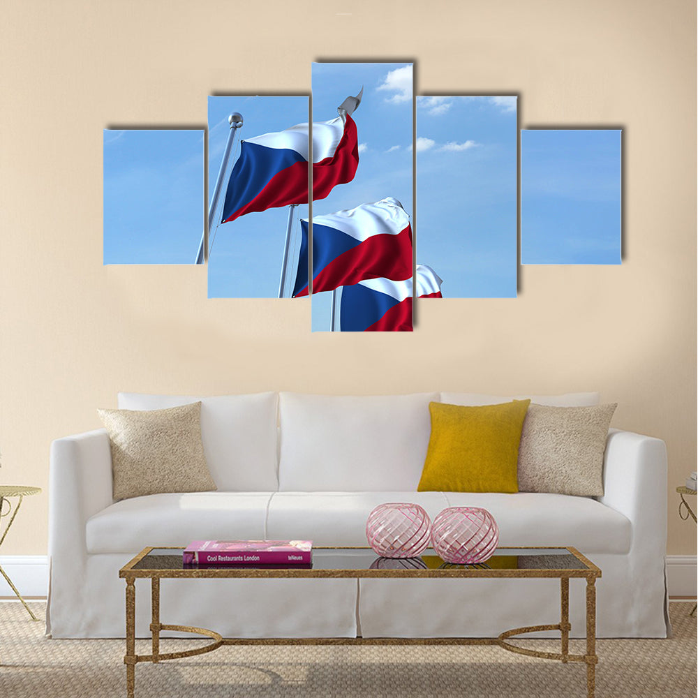 Row Of Waving Flags Of The Czech Republic Under The Blue Sky Multi Panel Canvas Wall Art