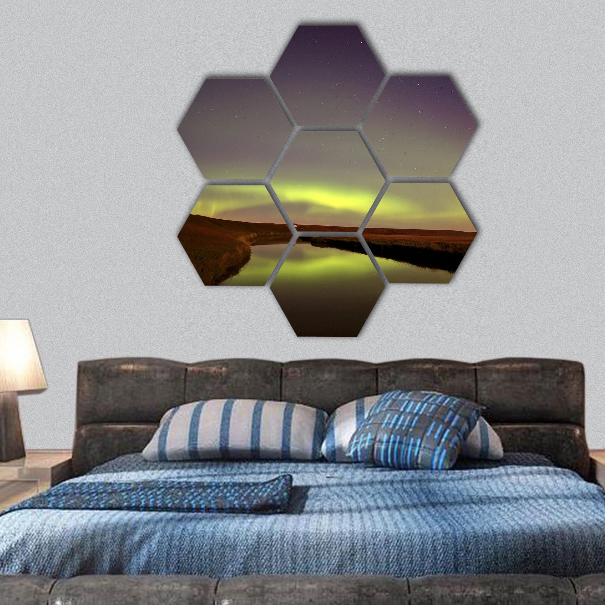 Northern Lights reflected off Moose Jaw River hexagonal canvas wall art