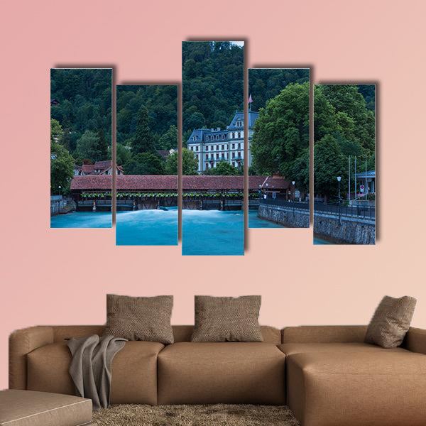 Floodgate and old wooden bridge with beautiful flowers on the River wall art