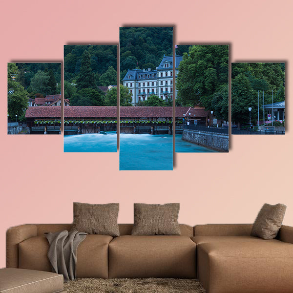 Floodgate and old wooden bridge with beautiful flowers on the River wall art