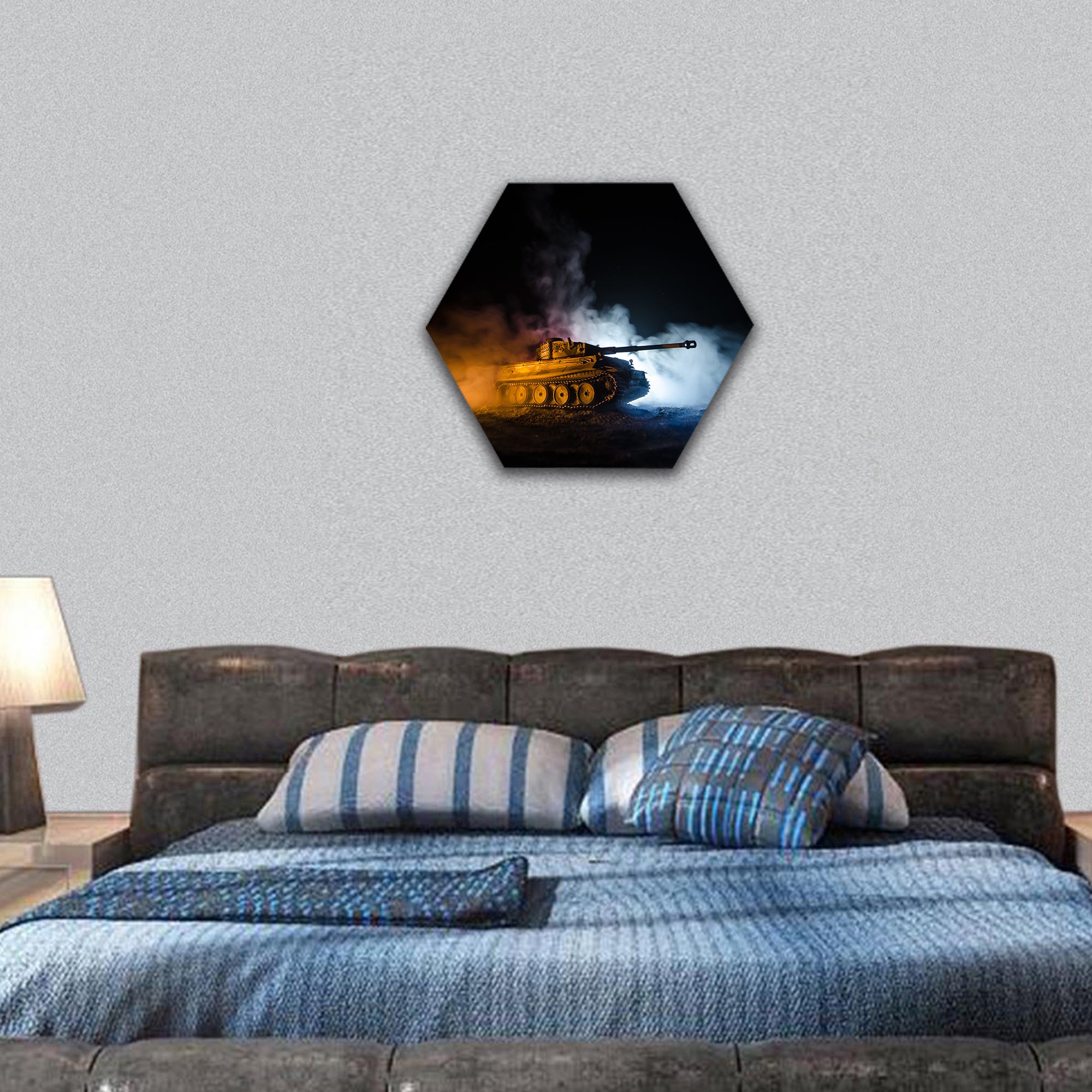 Military silhouettes fighting scene on war German tank hexagonal canvas wall art