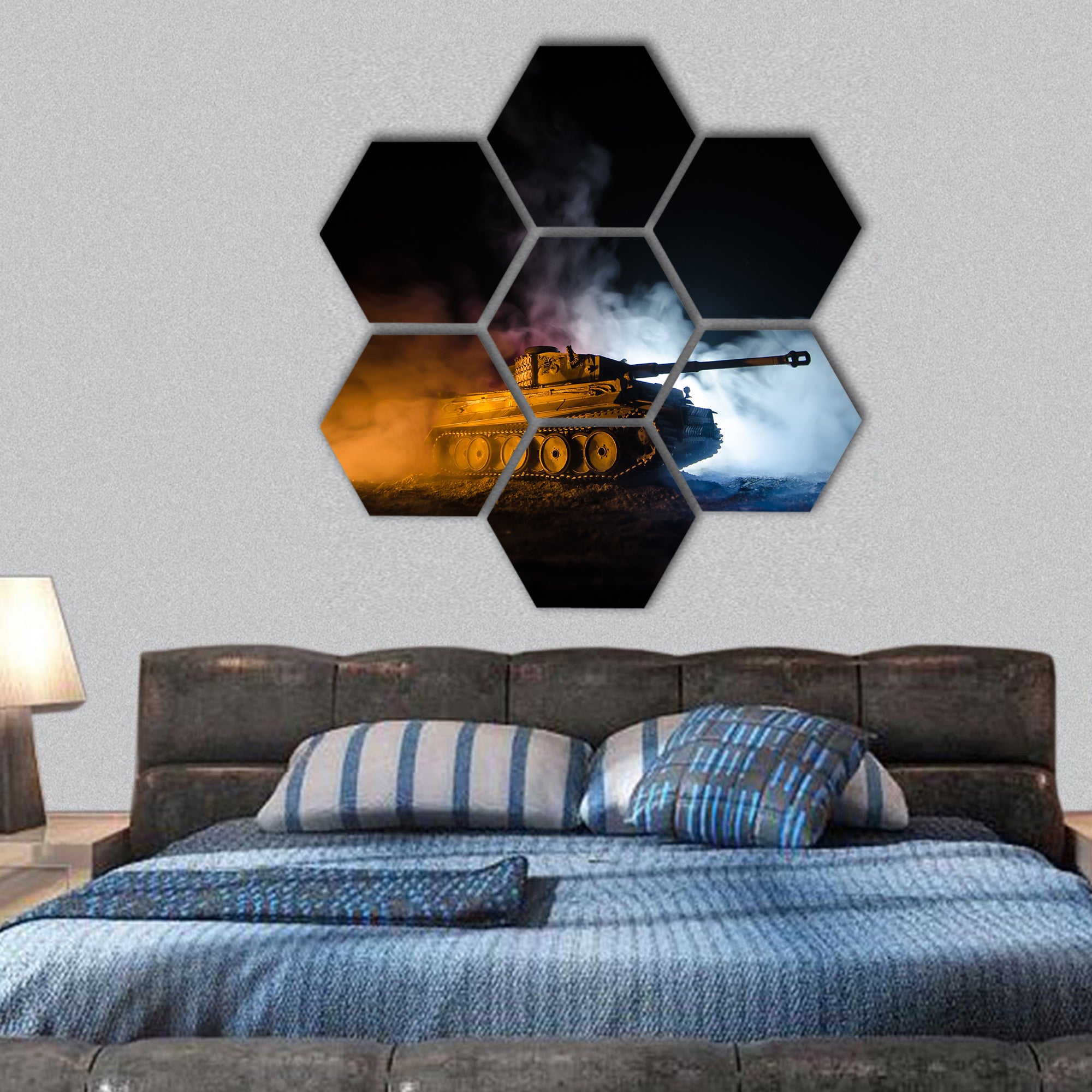 Military silhouettes fighting scene on war German tank hexagonal canvas wall art