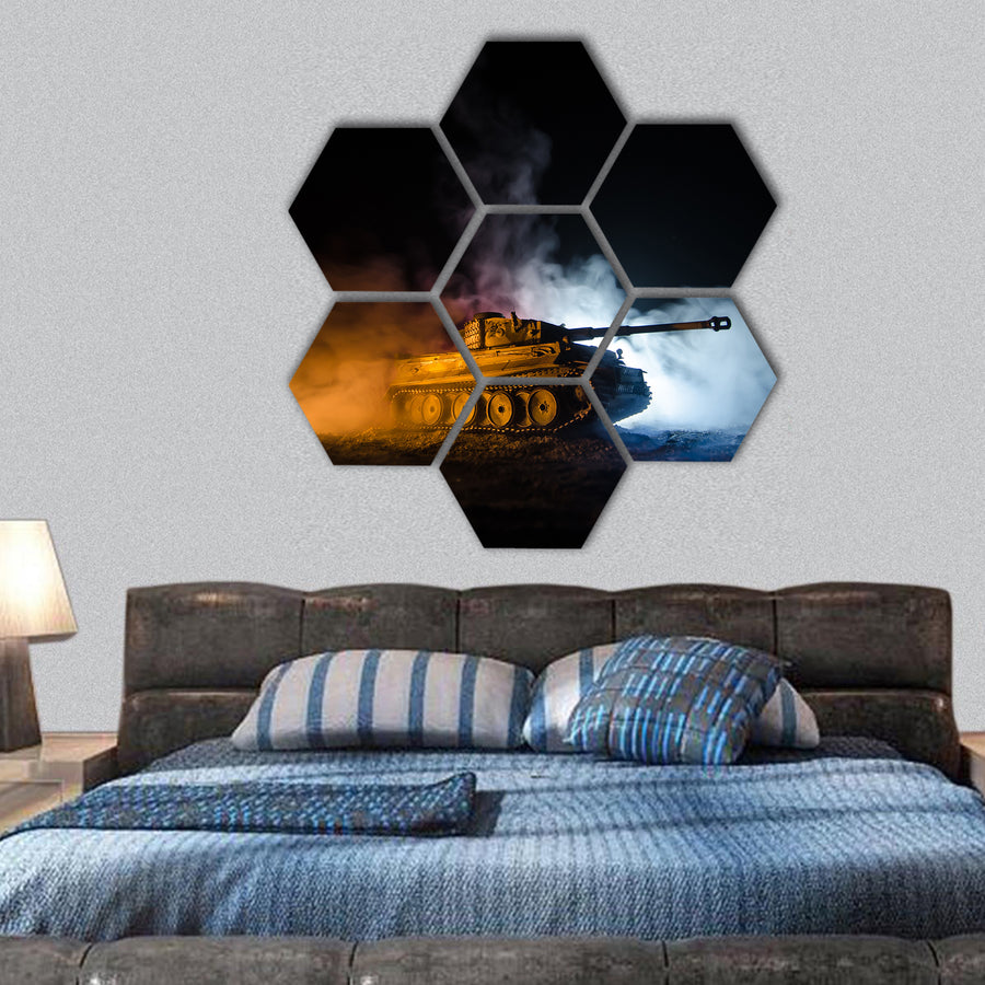 Military silhouettes fighting scene on war German tank hexagonal canvas wall art