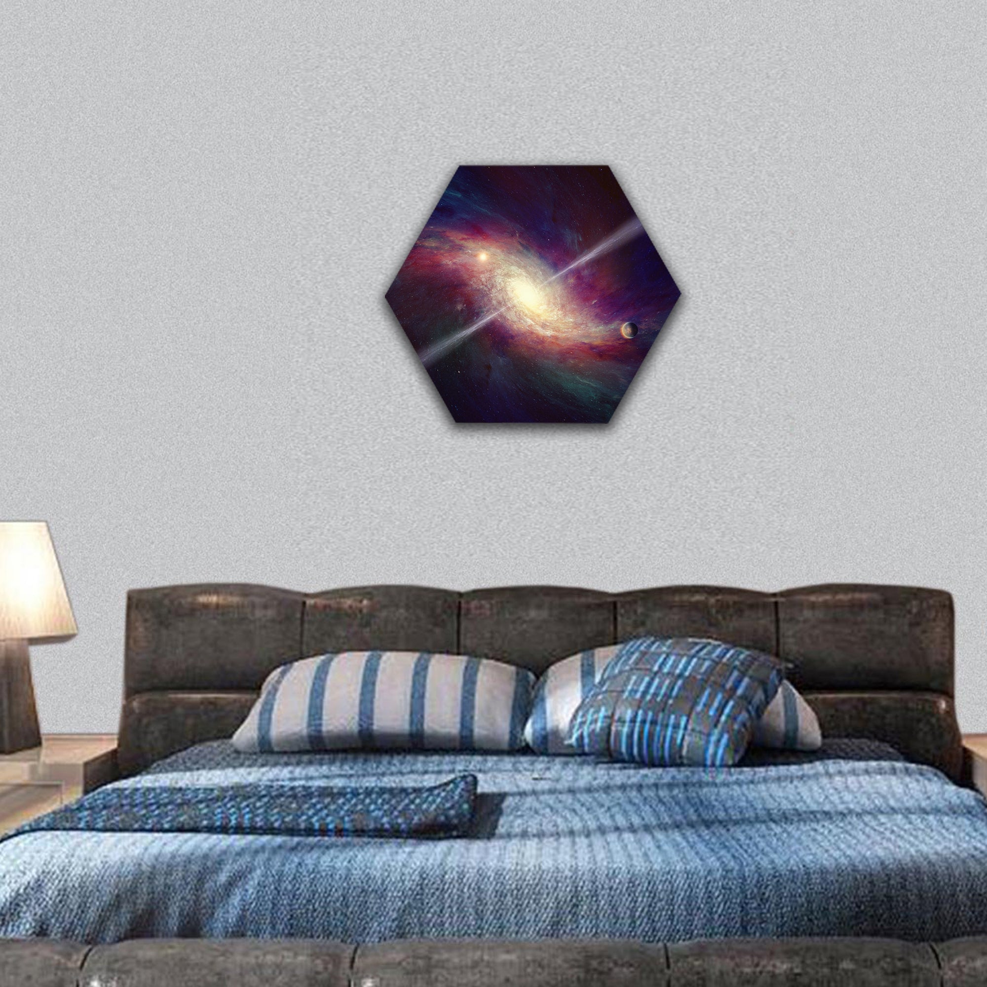 twisted galaxy, bright quasar in deep space hexagonal canvas wall art