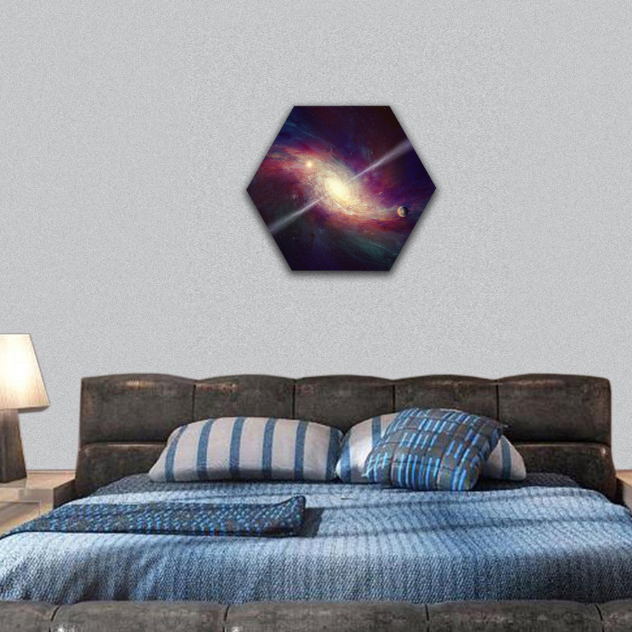 twisted galaxy, bright quasar in deep space hexagonal canvas wall art