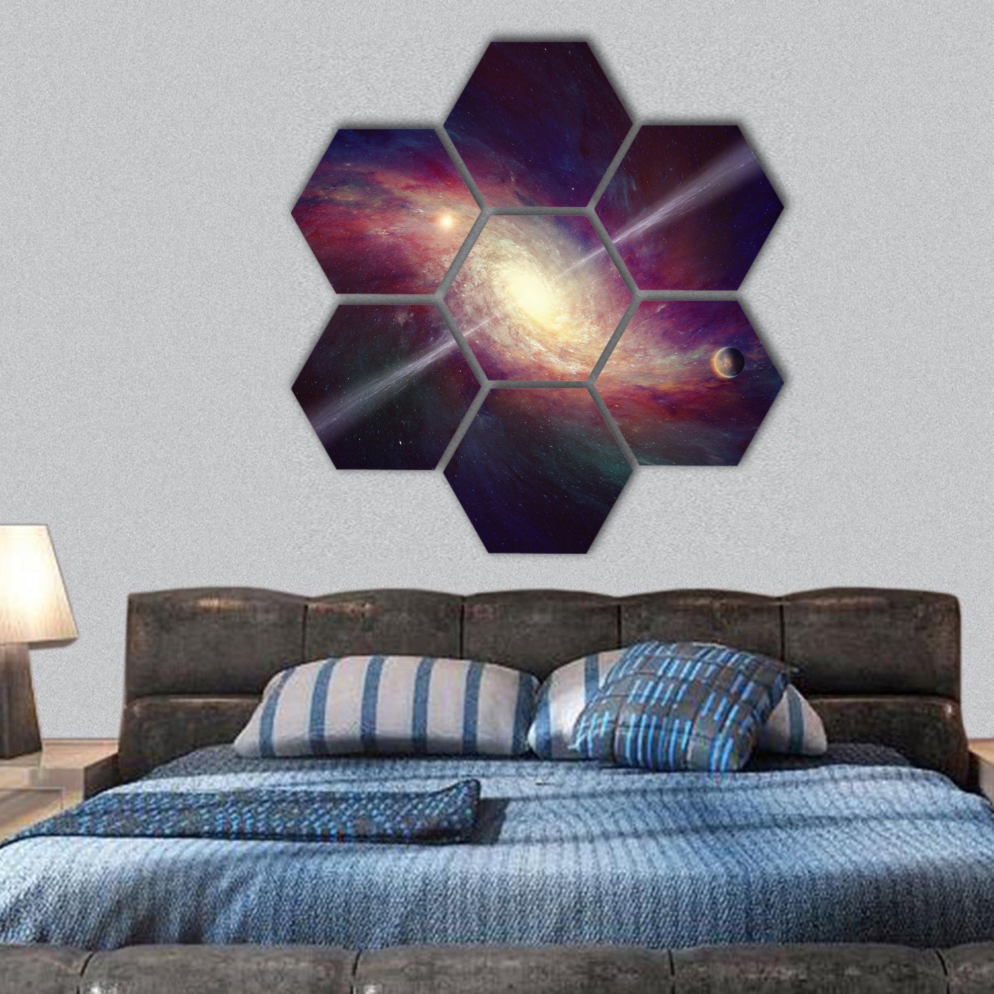 twisted galaxy, bright quasar in deep space hexagonal canvas wall art