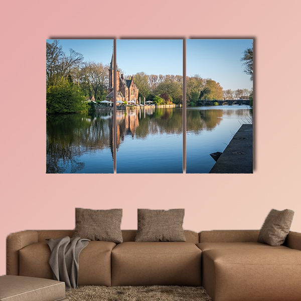 Minnewater Castle and Lake Panorama in Bruges, Belgium multi panel canvas wall art