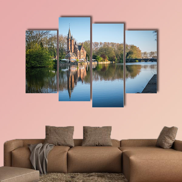 Minnewater Castle and Lake Panorama in Bruges, Belgium multi panel canvas wall art