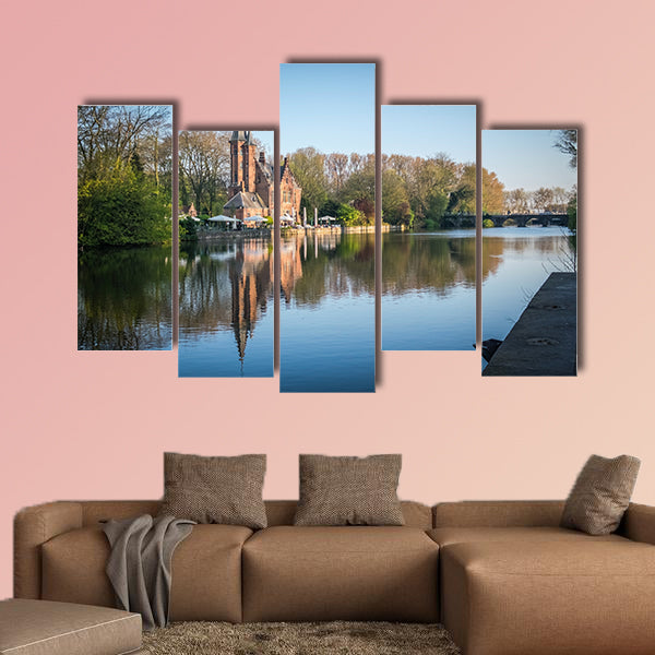 Minnewater Castle and Lake Panorama in Bruges, Belgium multi panel canvas wall art