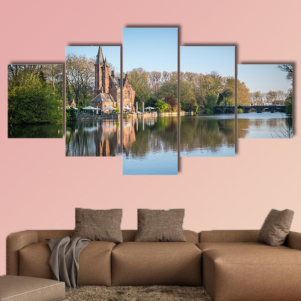 Minnewater Castle and Lake Panorama in Bruges, Belgium multi panel canvas wall art