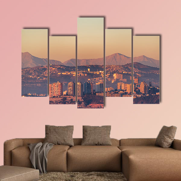 View of the hills overlooking Valparaiso, Chile as sunset multi panel canvas wall art