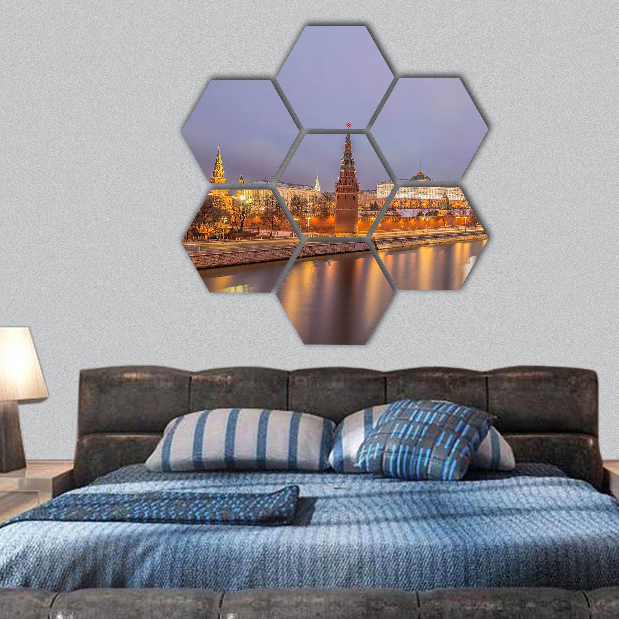 Moscow Kremlin and Moscow River in Russia hexagonal canvas wall art