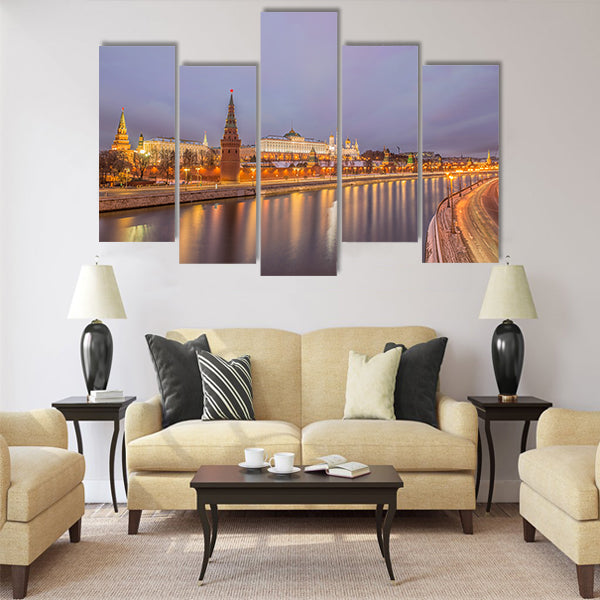 Sunrise view of Moscow Kremlin and Moscow River Multi panel canvas wall art