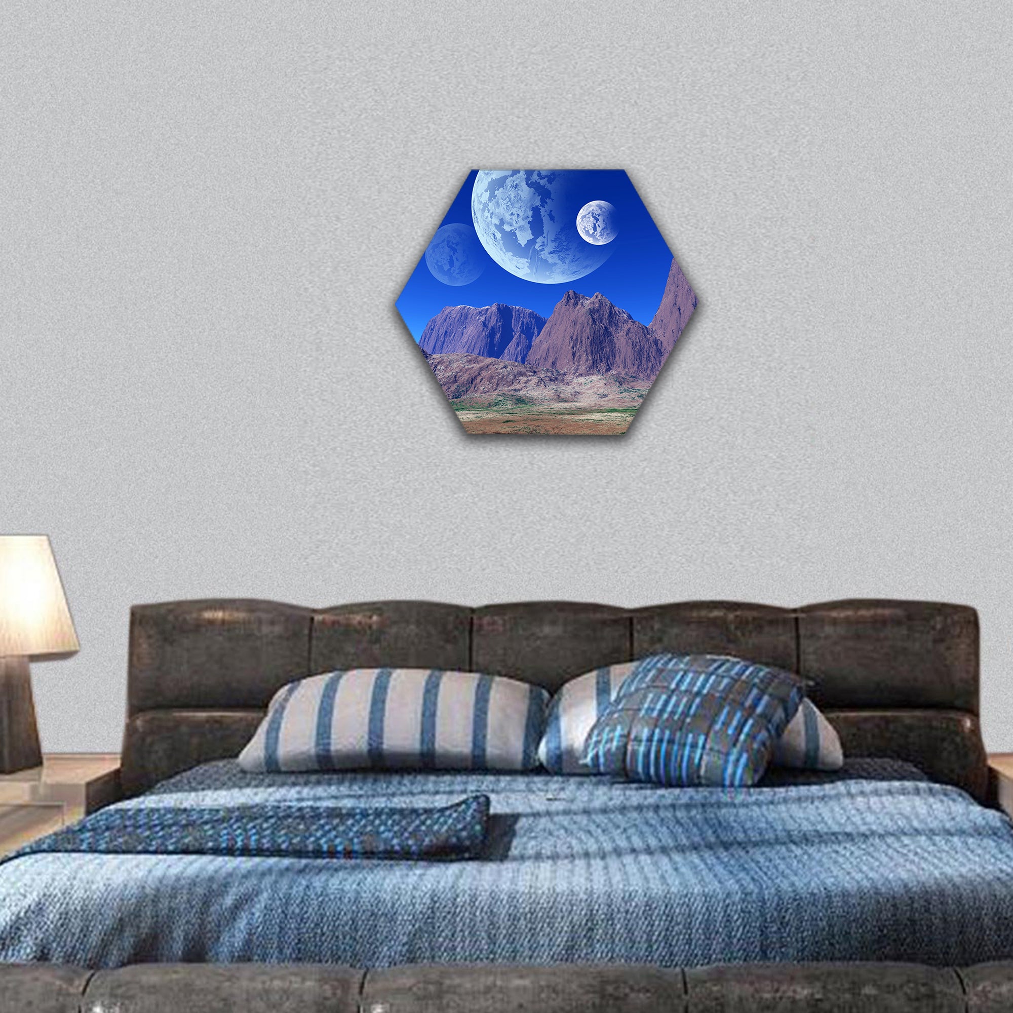 Colorful fantasy landscape hexagonal canvas wall art