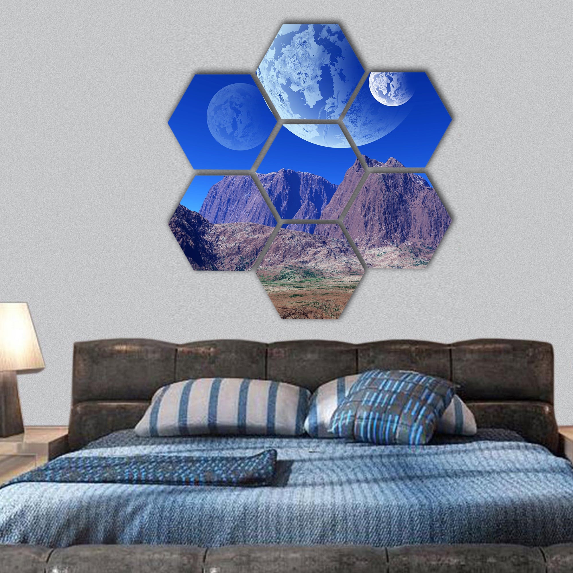 Colorful fantasy landscape hexagonal canvas wall art