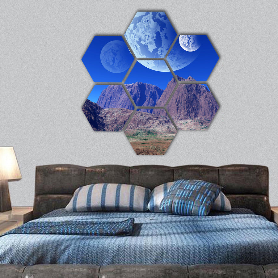 Colorful fantasy landscape hexagonal canvas wall art