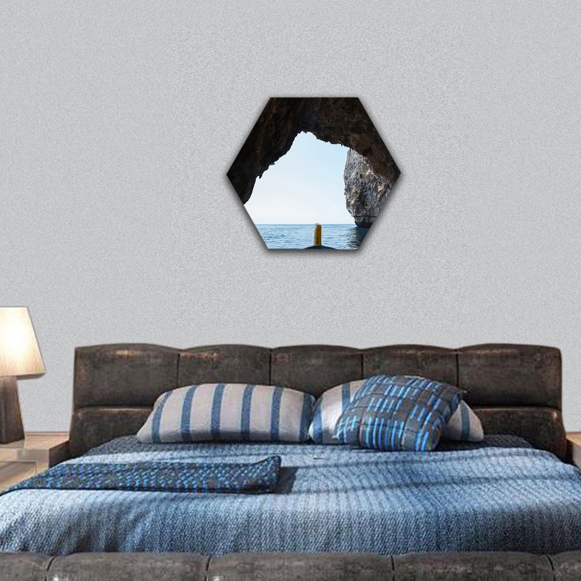 View from inside the Blue Grotto sea cave in Malta hexagonal canvas wall art