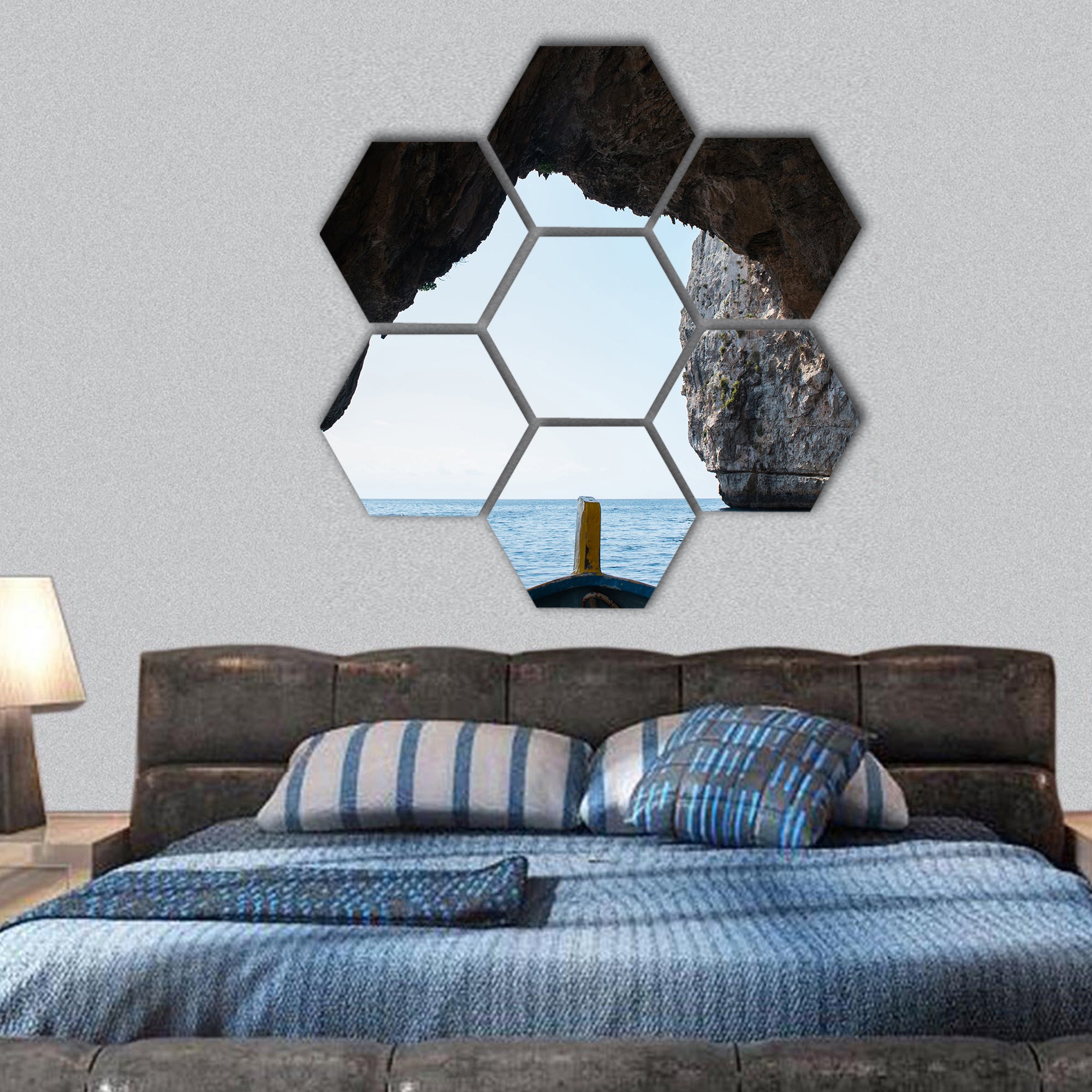View from inside the Blue Grotto sea cave in Malta hexagonal canvas wall art