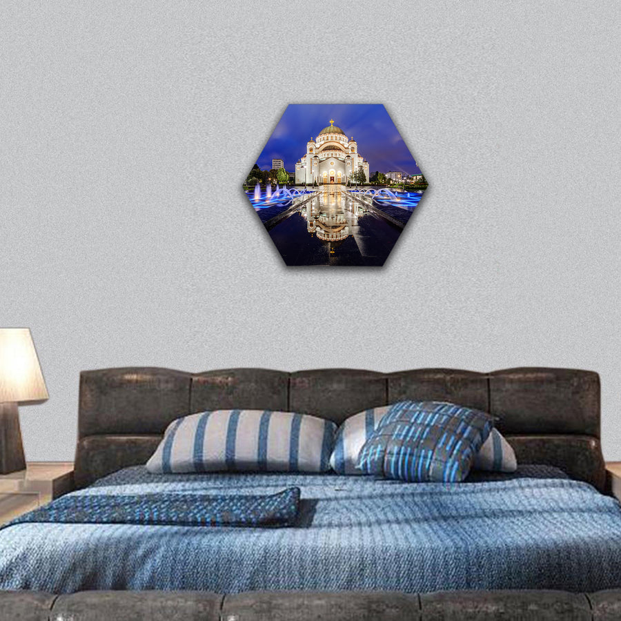 Saint Sava temple with fountain in Belgrade Serbia hexagonal canvas wall art