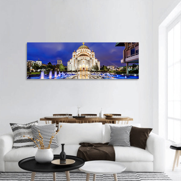 Saint Sava temple with fountain in Belgrade Serbia panoramic canvas wall art