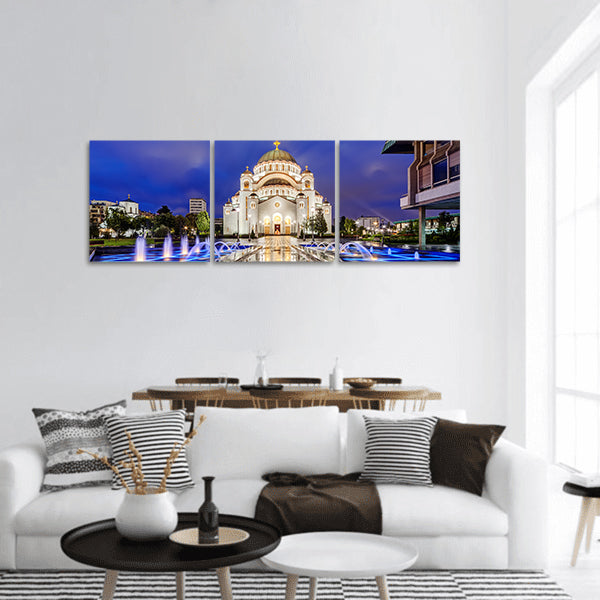 Saint Sava temple with fountain in Belgrade Serbia panoramic canvas wall art